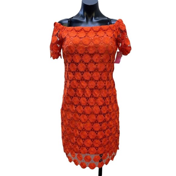 Trina Turk Dresses & Skirts - *Trina Turk Orange Dress Off the Shoulder Lace Overlay Small